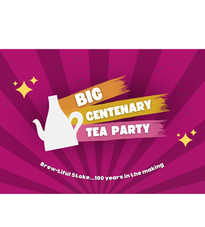 Big centenary tea party logo with tea pot on colourful background